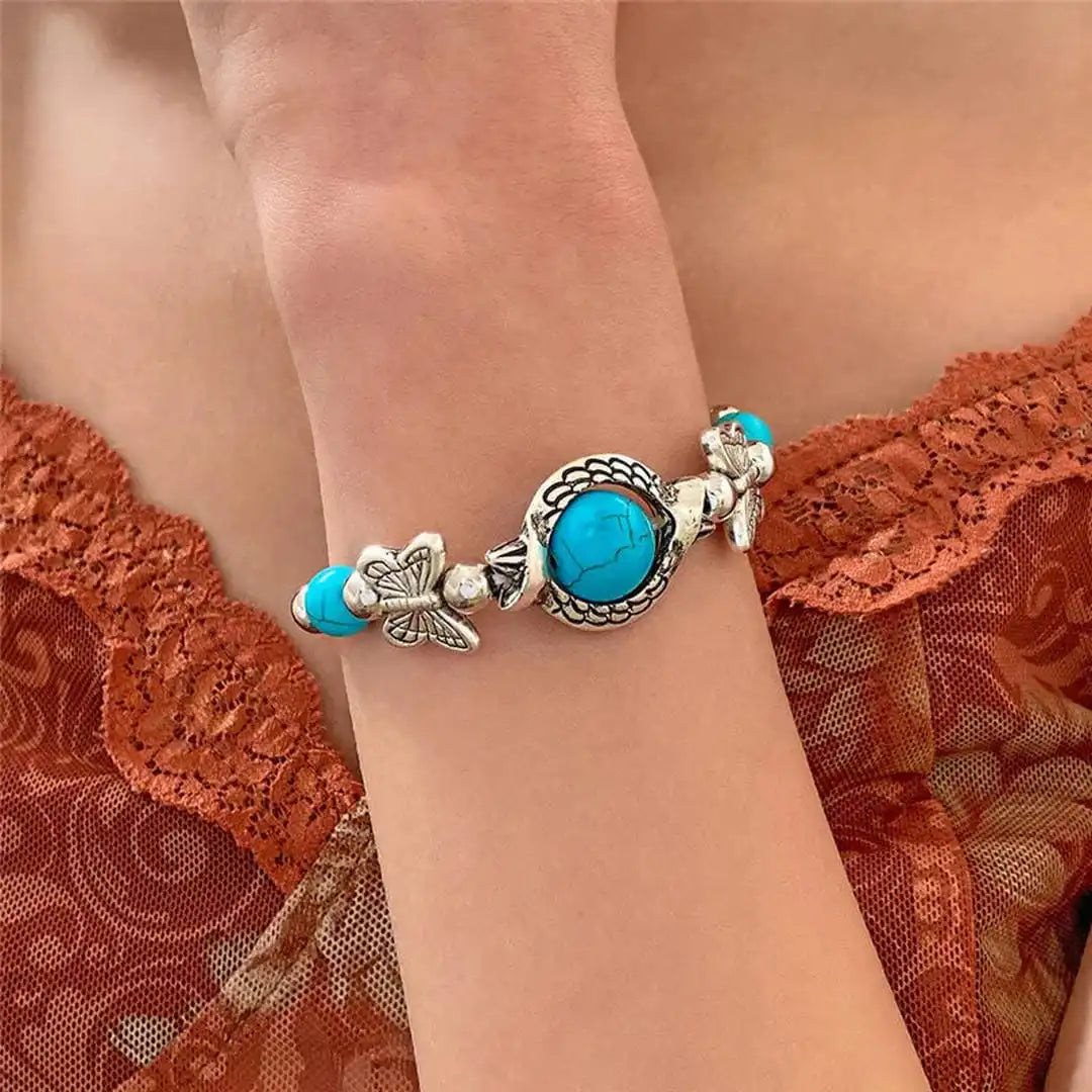 Antique Silver Beaded Bracelet with Turquoise & Evil Eye