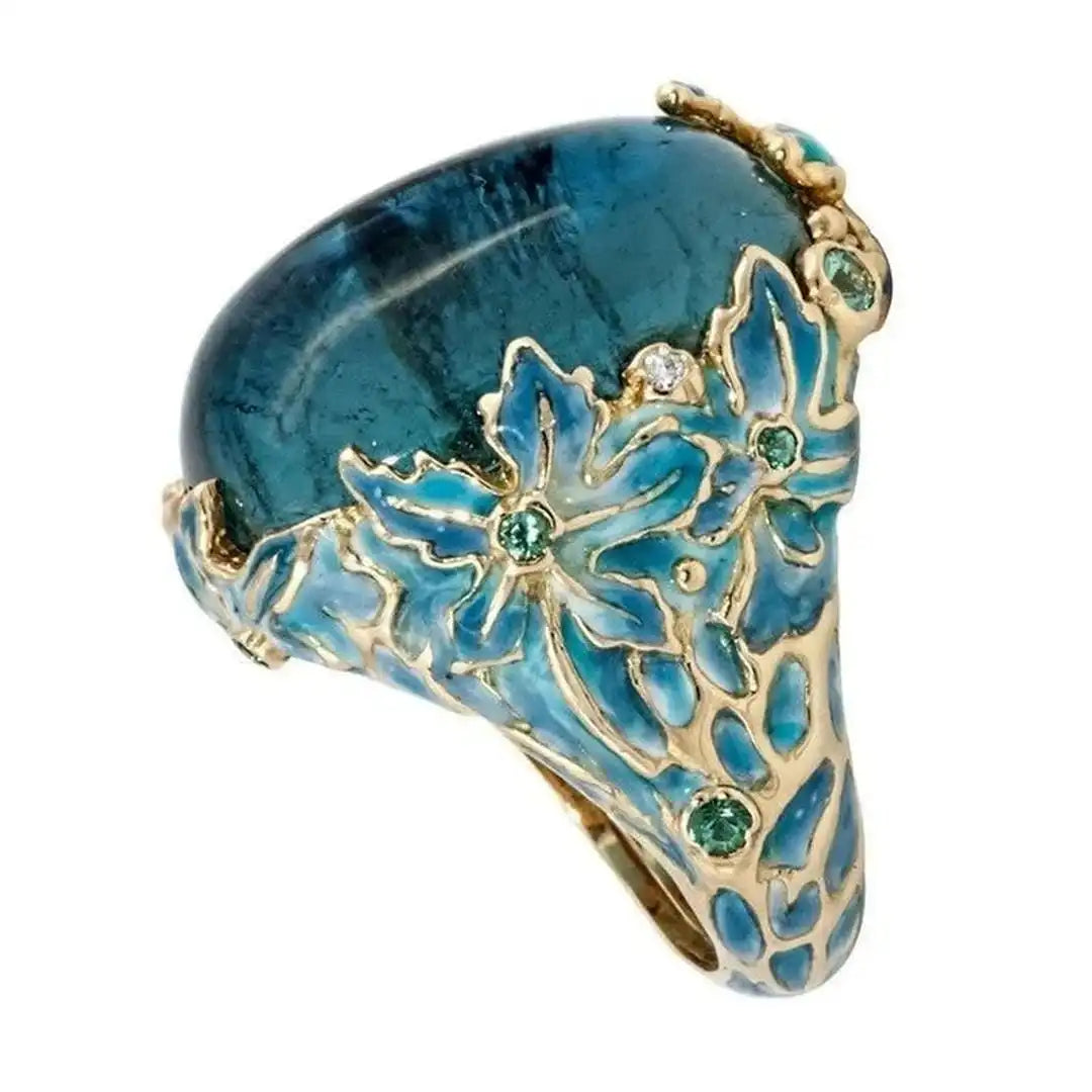 Gold Statement Ring with Blue Stone and Enamel Flowers