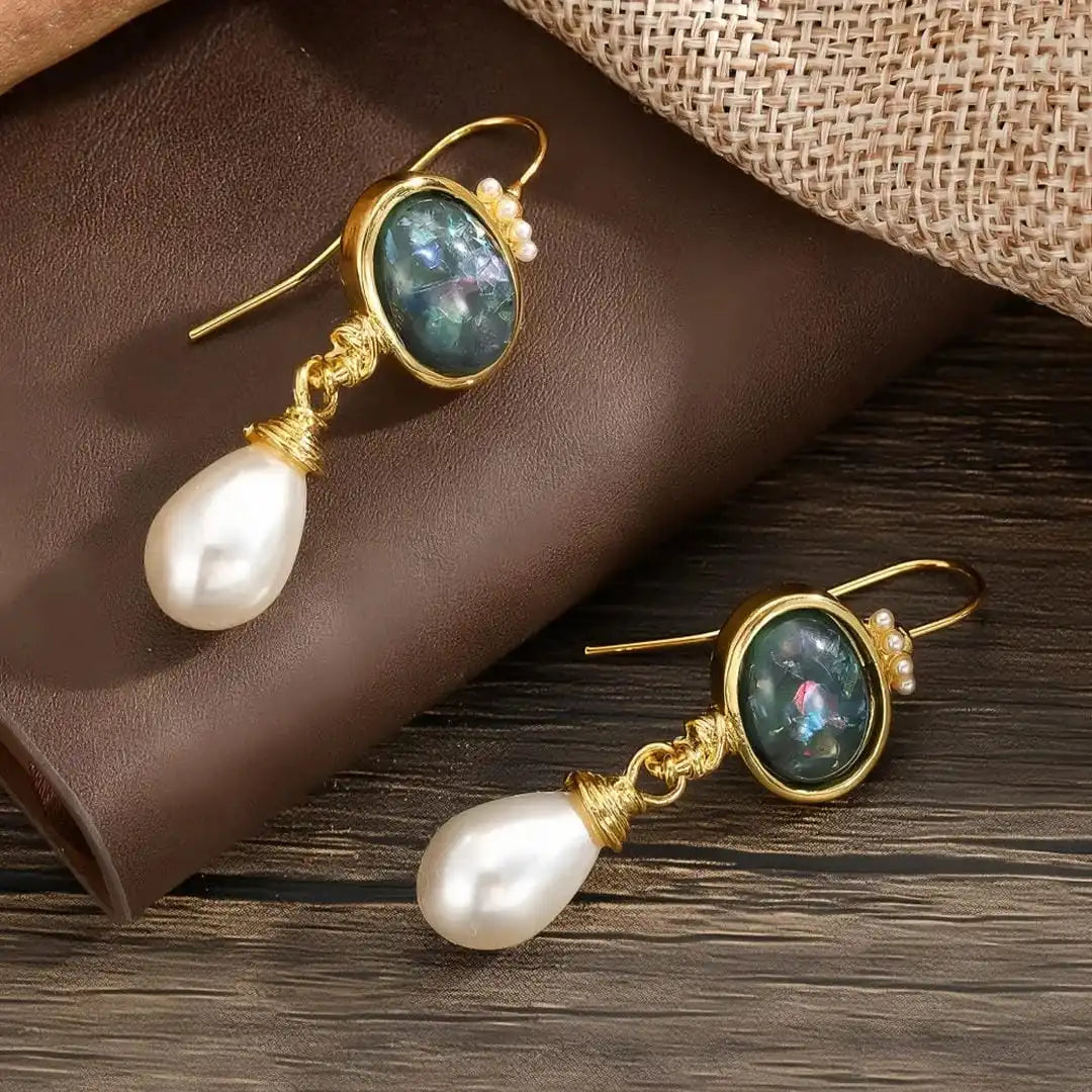 Gold Drop Earrings Siobhán with Opal and Pearl