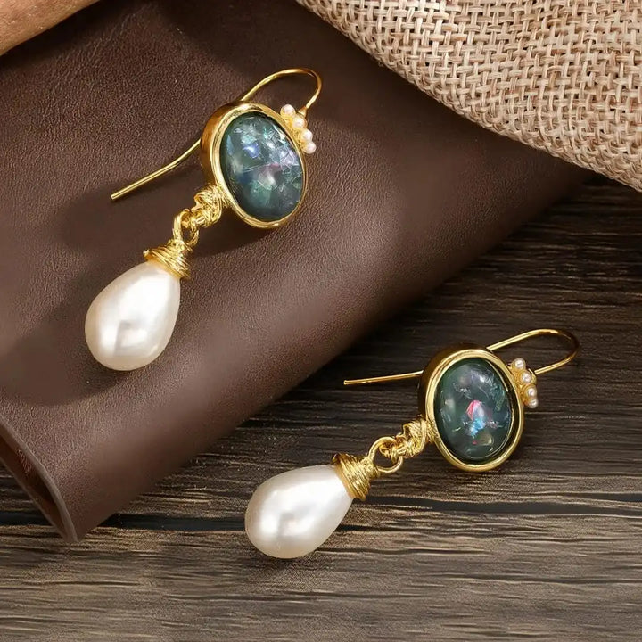 Gold Drop Earrings Siobhán with Opal and Pearl