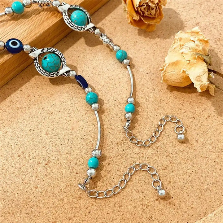 Antique Silver Beaded Bracelet with Turquoise & Evil Eye