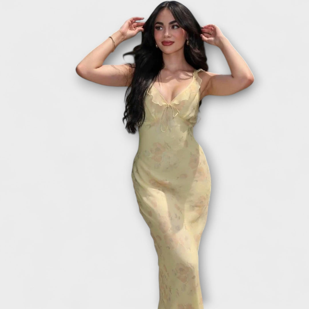 Gelbes Maxikleid mit floralem Druck und V-Ausschnitt