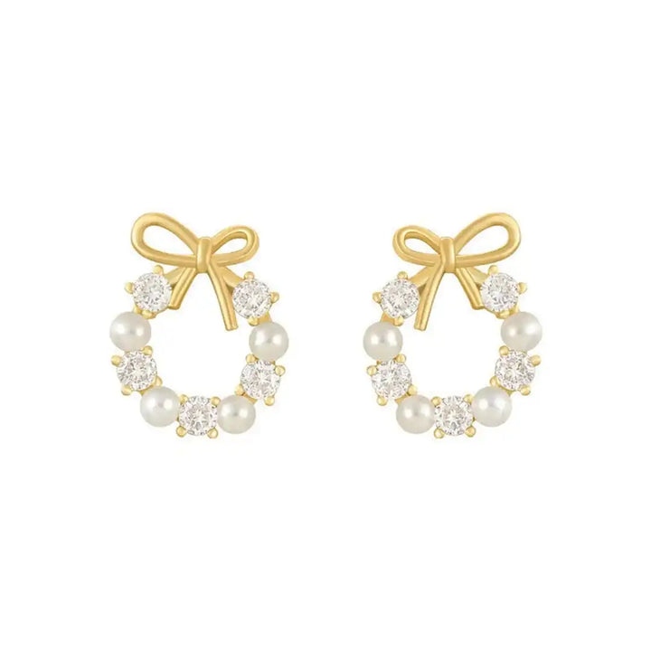Gold Stud Earrings Fiadh with Pearls and Crystal Bow