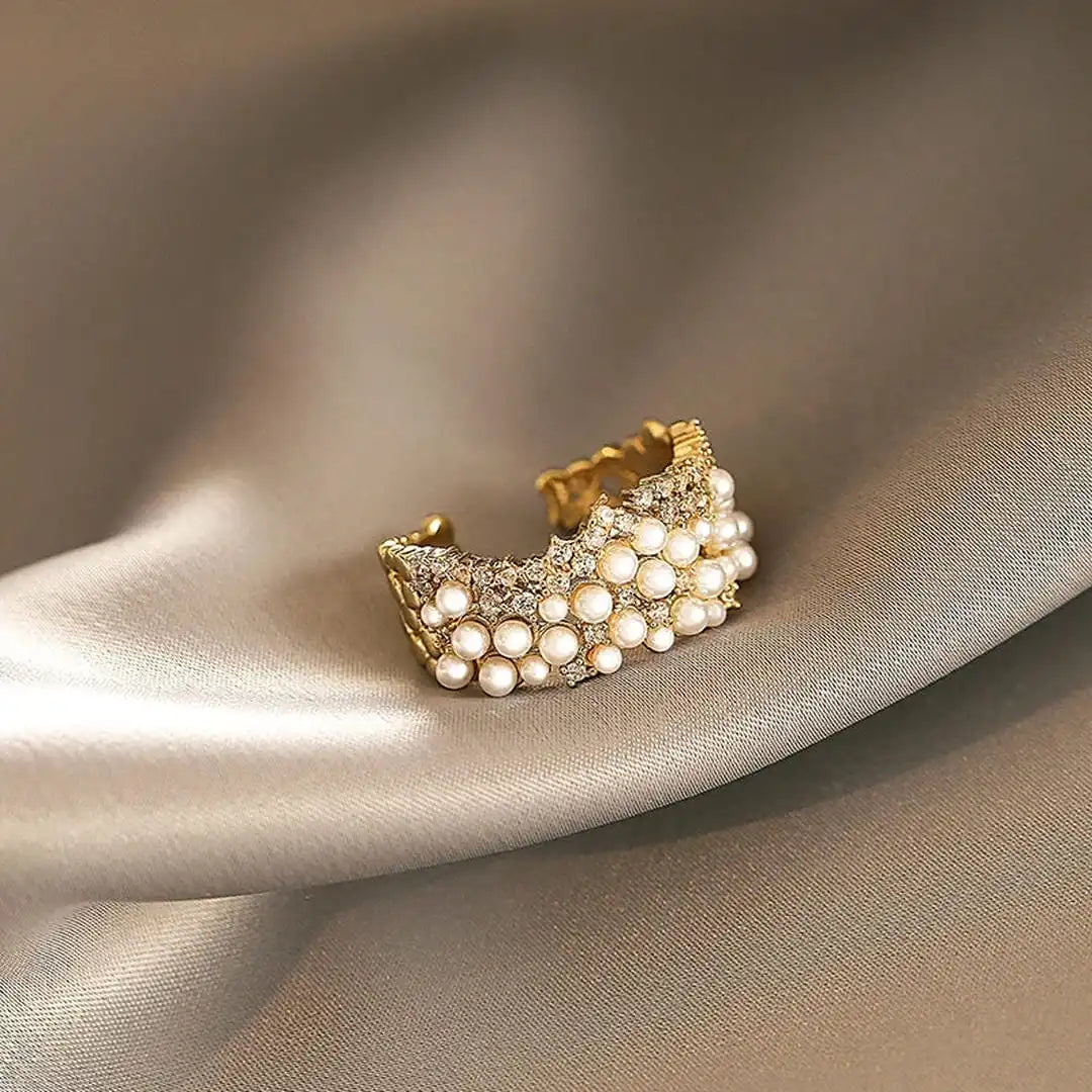 Gold Adjustable Ring Gobnait with Pearls and Zircon