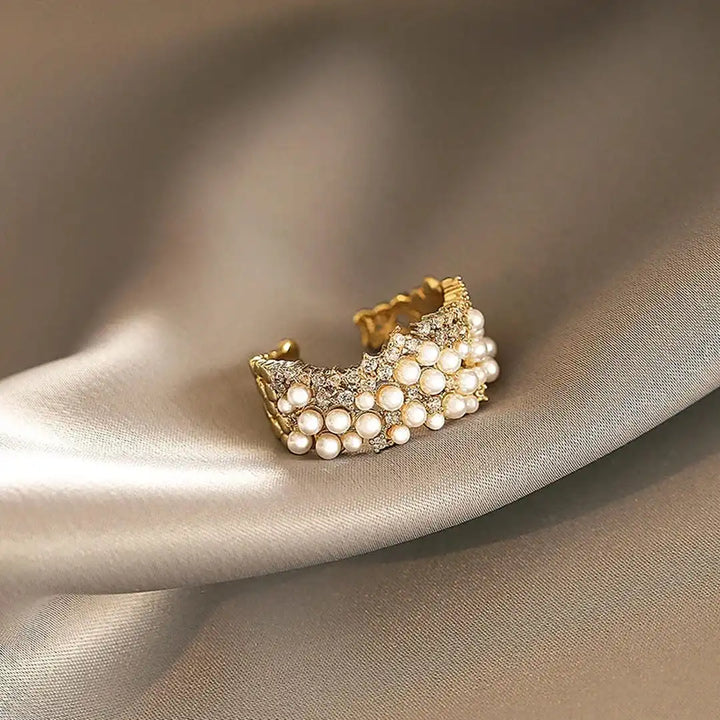 Gold Adjustable Ring Róisín with Pearls and Zirconia