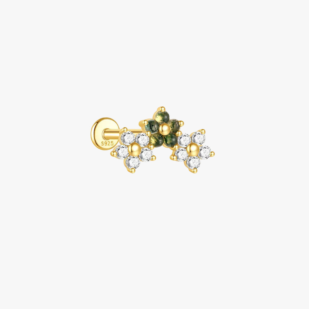 Gold Stud Earrings with Green Agate and Crystals