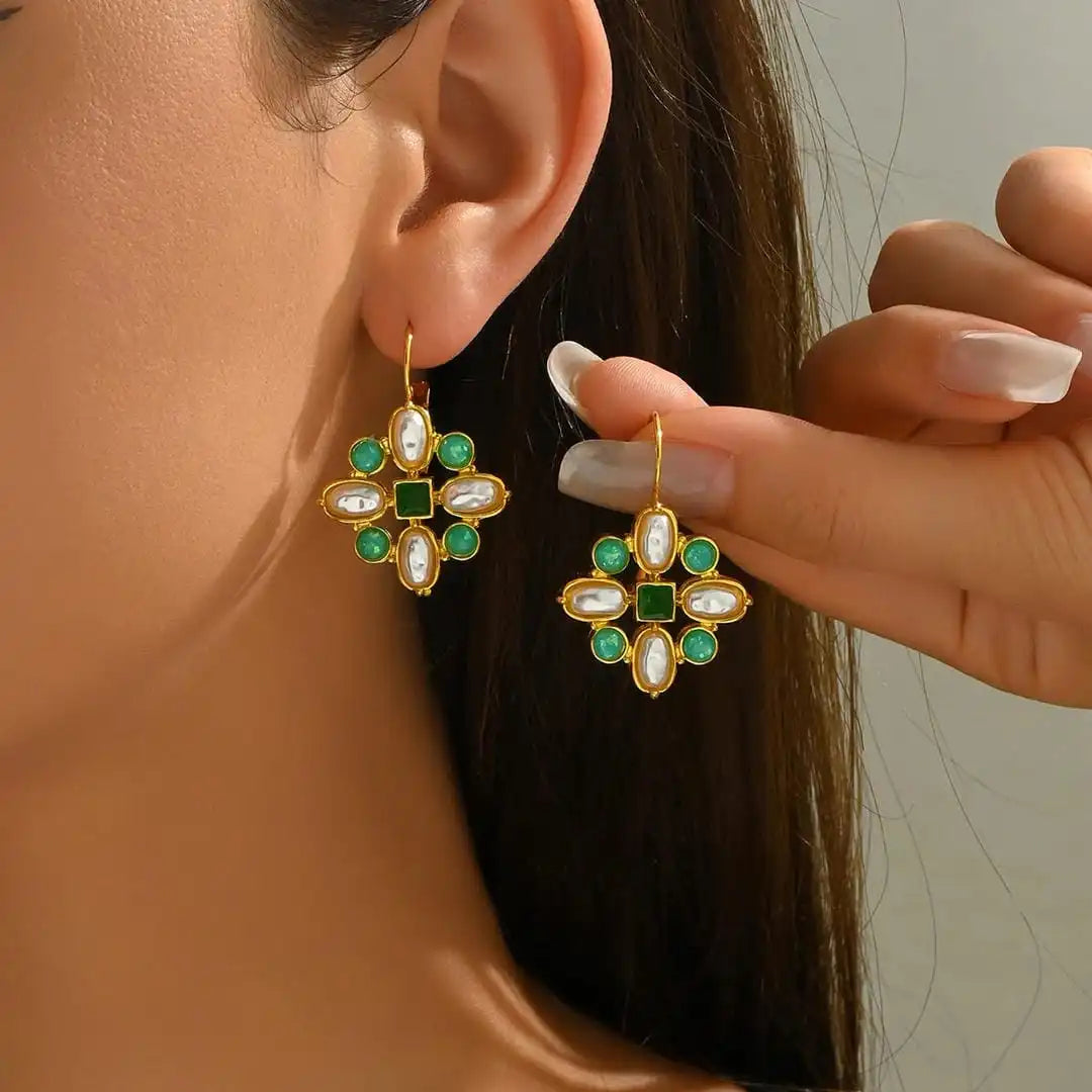 Gold Drop Earrings with Turquoise, Pearls and Garnet
