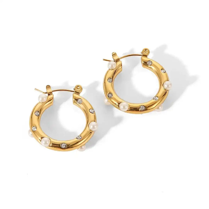 Gold Hoop Earrings Clíodhna with Pearls and Crystals