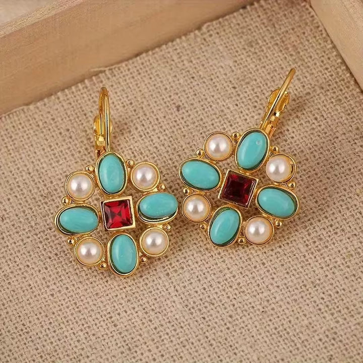 Gold Drop Earrings with Turquoise, Pearls and Garnet