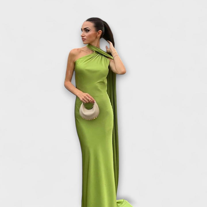 Schickes orangefarbenes Off-Shoulder-Halter-Maxikleid