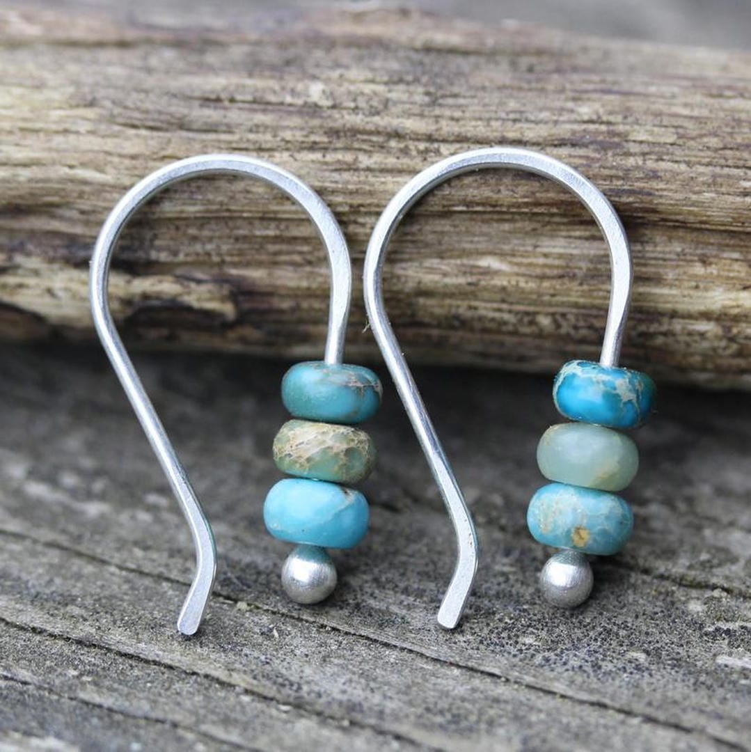Silver Drop Earrings Dingle with Turquoise Beads