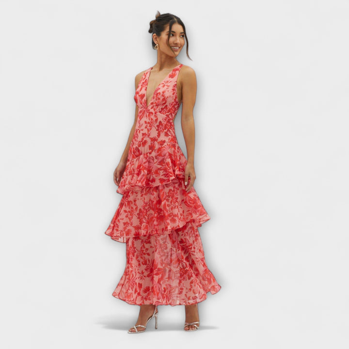 Faye - Rotes Stufen-Midikleid mit Blütenmuster