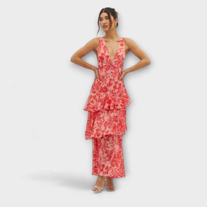 Faye - Rotes Stufen-Midikleid mit Blütenmuster