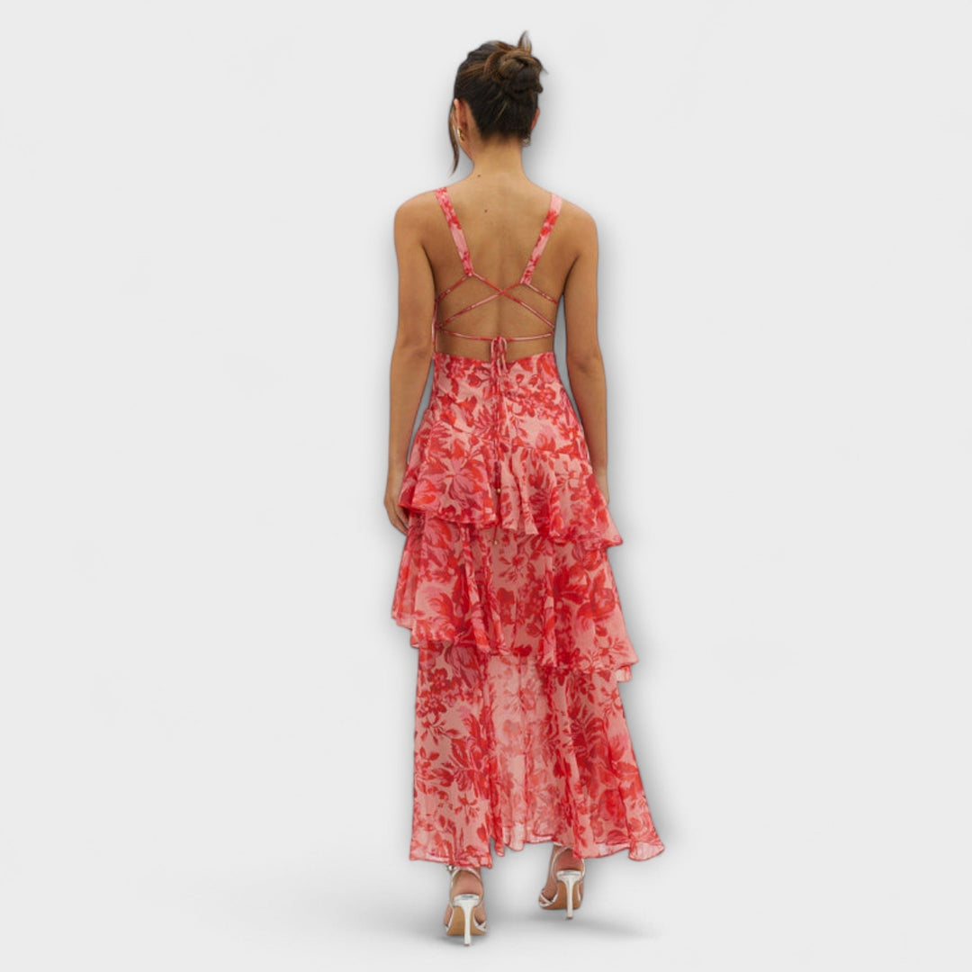 Faye - Rotes Stufen-Midikleid mit Blütenmuster