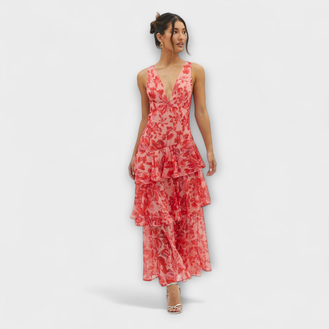 Faye - Rotes Stufen-Midikleid mit Blütenmuster