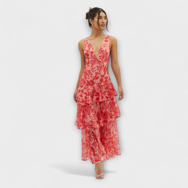 Faye - Rotes Stufen-Midikleid mit Blütenmuster