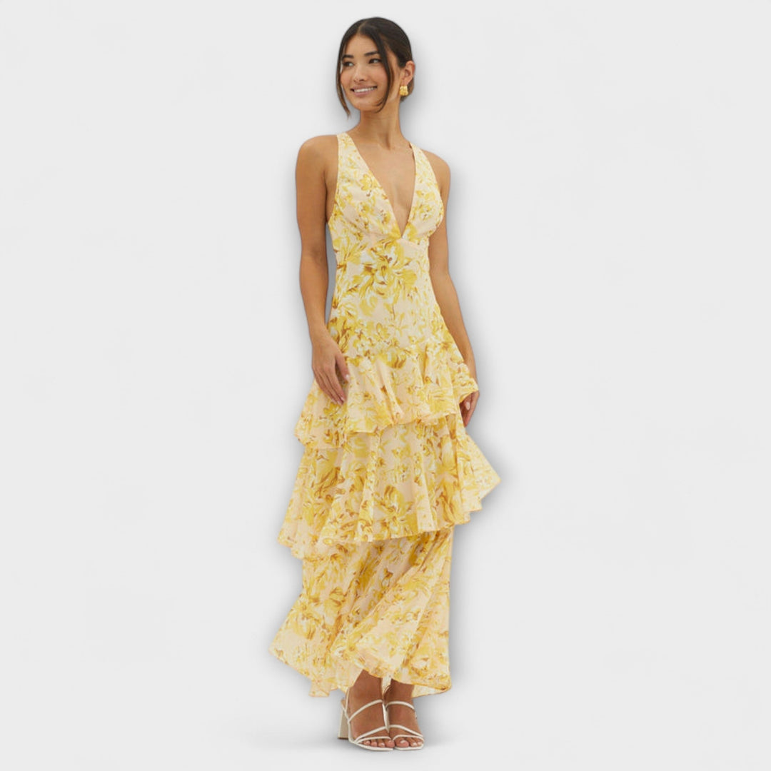 Faye - Rotes Stufen-Midikleid mit Blütenmuster