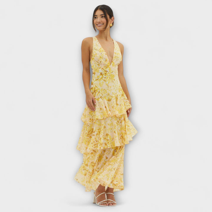 Faye - Rotes Stufen-Midikleid mit Blütenmuster