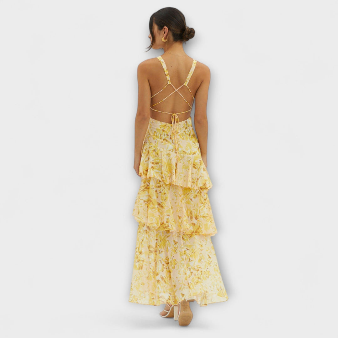 Faye - Rotes Stufen-Midikleid mit Blütenmuster
