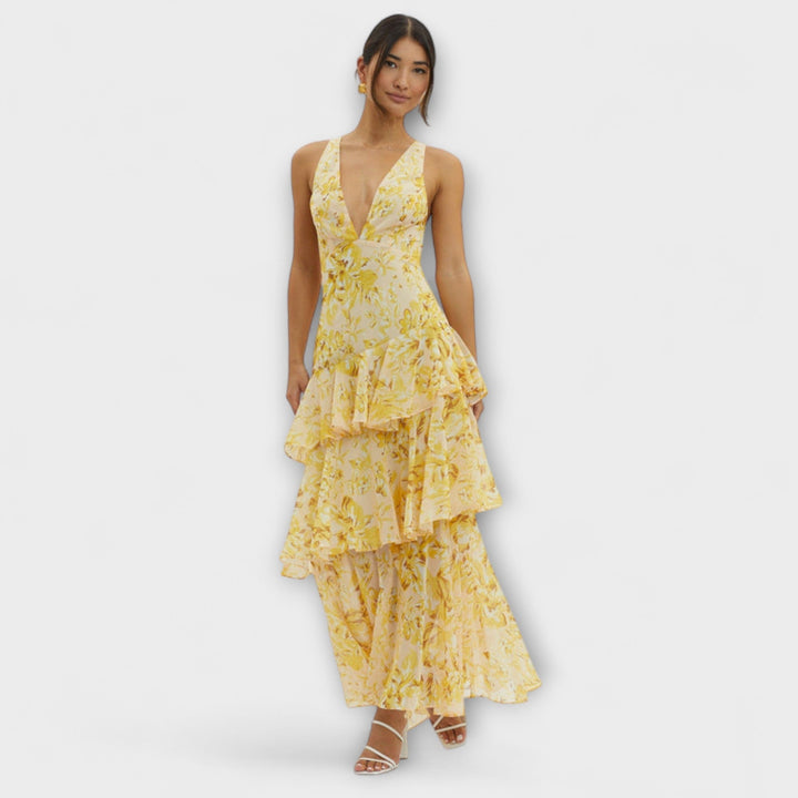 Faye - Rotes Stufen-Midikleid mit Blütenmuster