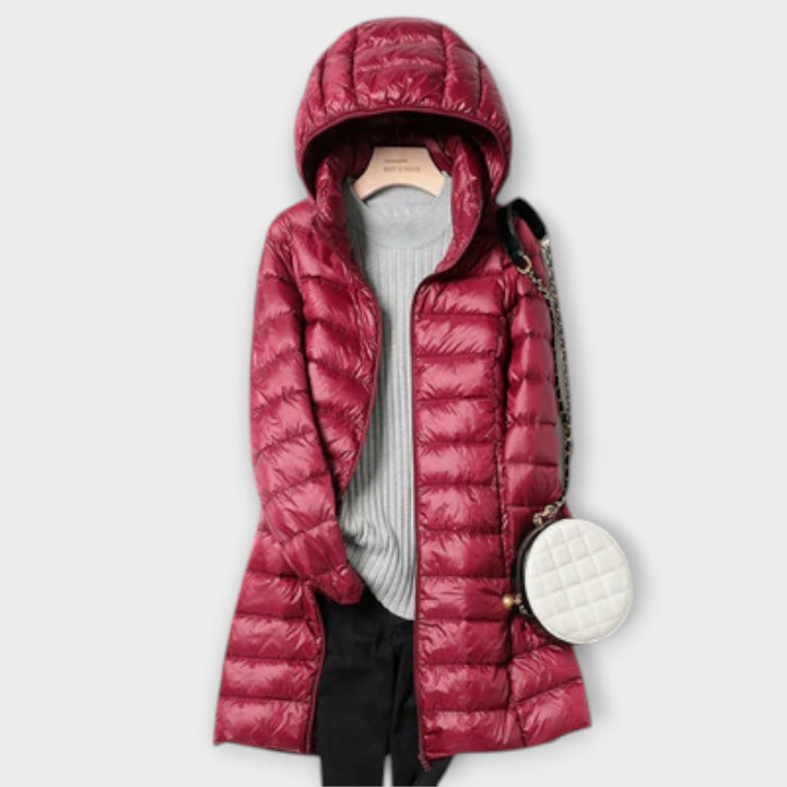 Annika - Beige ultraleichte Daunenjacke mit Kapuze