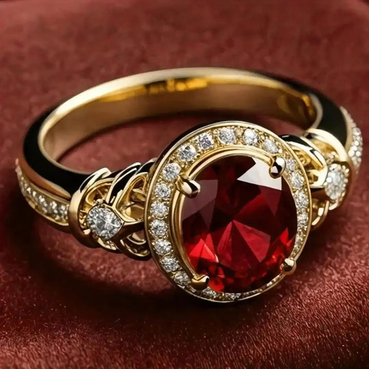 Gold Ring Muirne with Ruby Halo