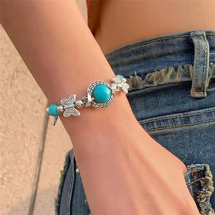 Antique Silver Beaded Bracelet with Turquoise & Evil Eye