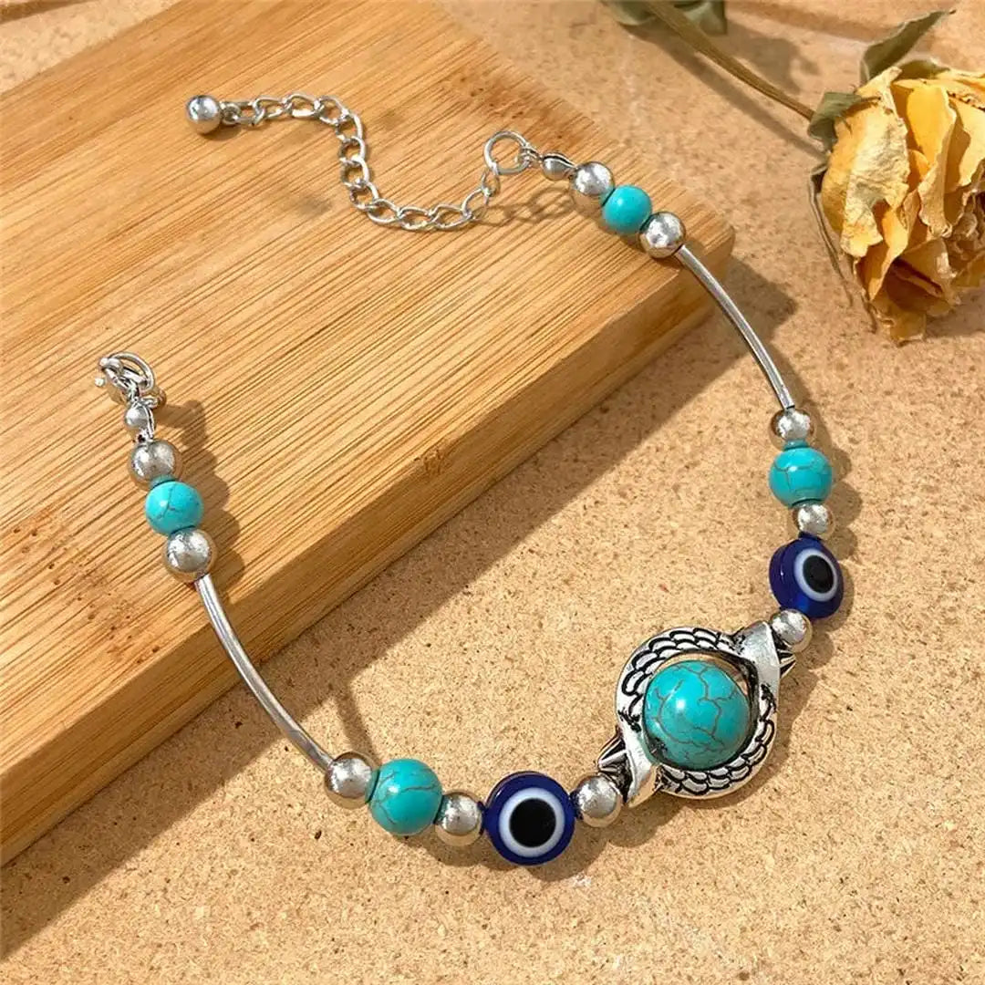 Antique Silver Beaded Bracelet with Turquoise & Evil Eye