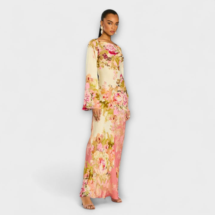 Kelly - Cremefarbenes Maxikleid mit Blütenmuster