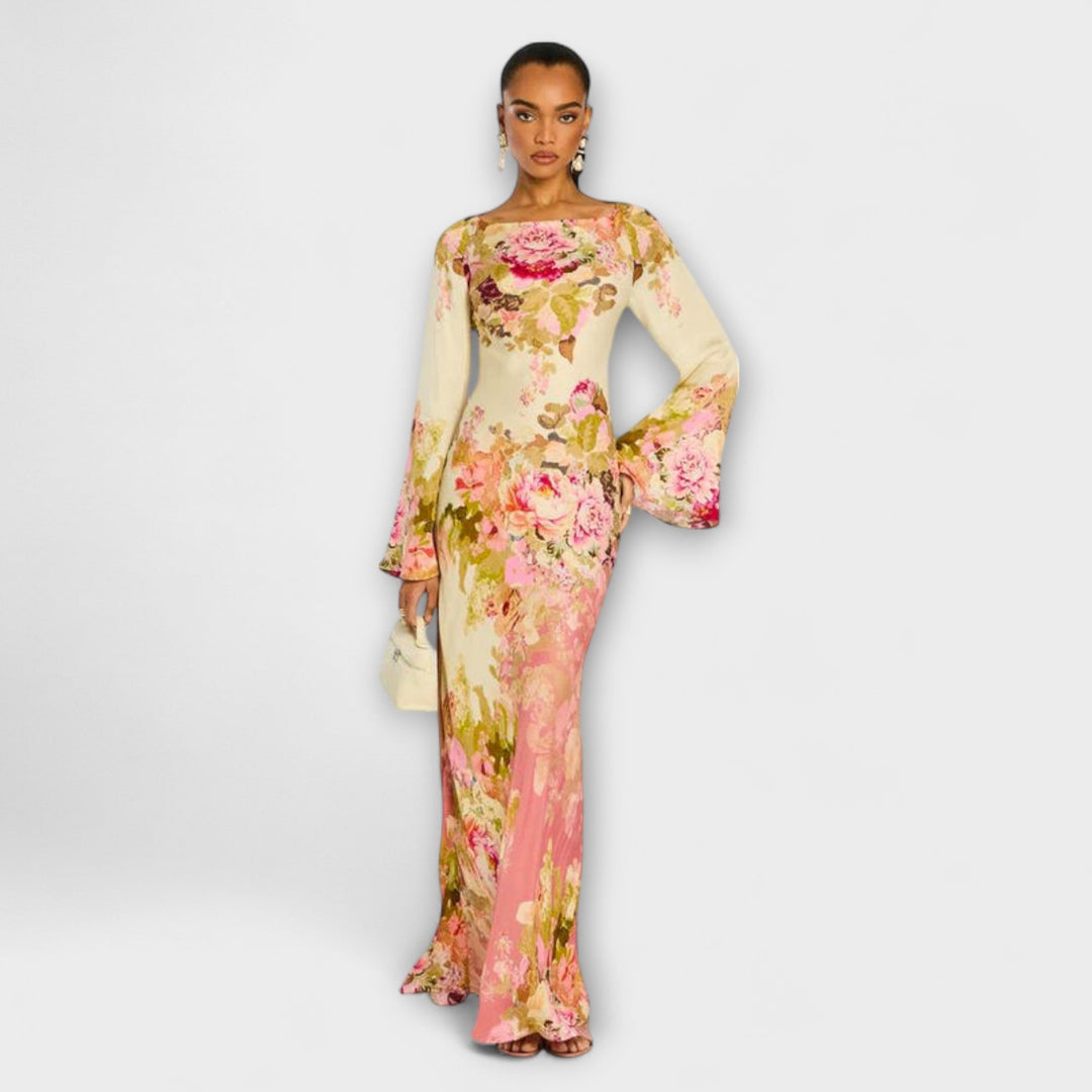 Kelly - Cremefarbenes Maxikleid mit Blütenmuster