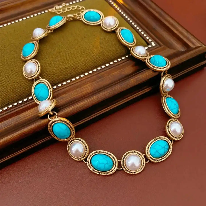 Antique Gold Necklace Set with Turquoise and Pearls