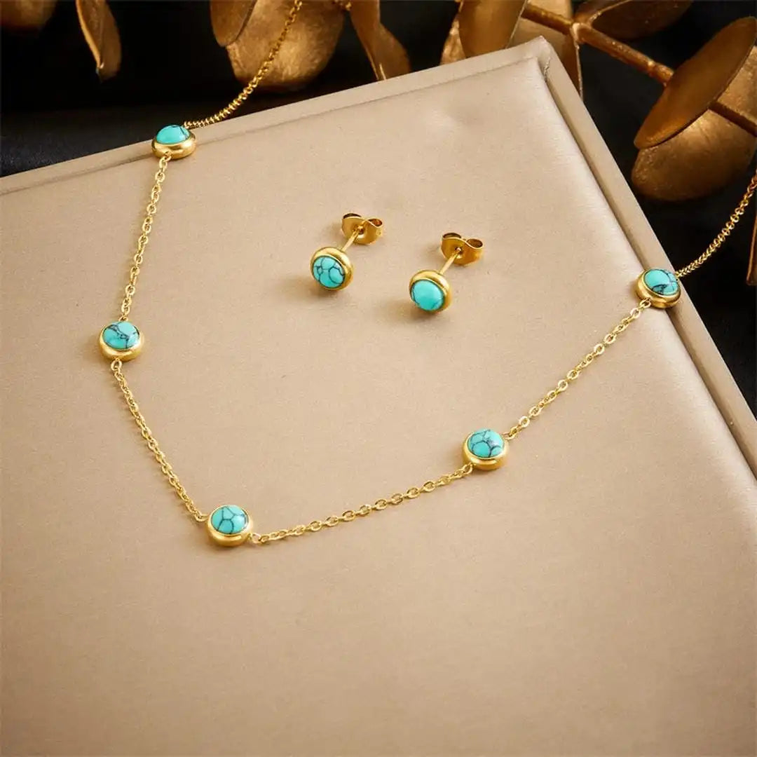Gold Turquoise Bracelet, Necklace & Earrings Set