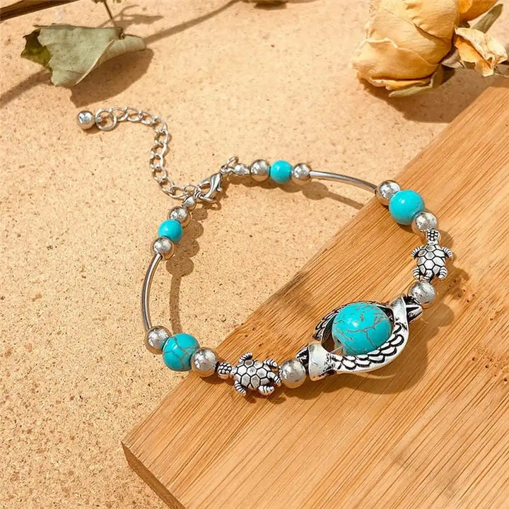 Antique Silver Beaded Bracelet with Turquoise & Evil Eye