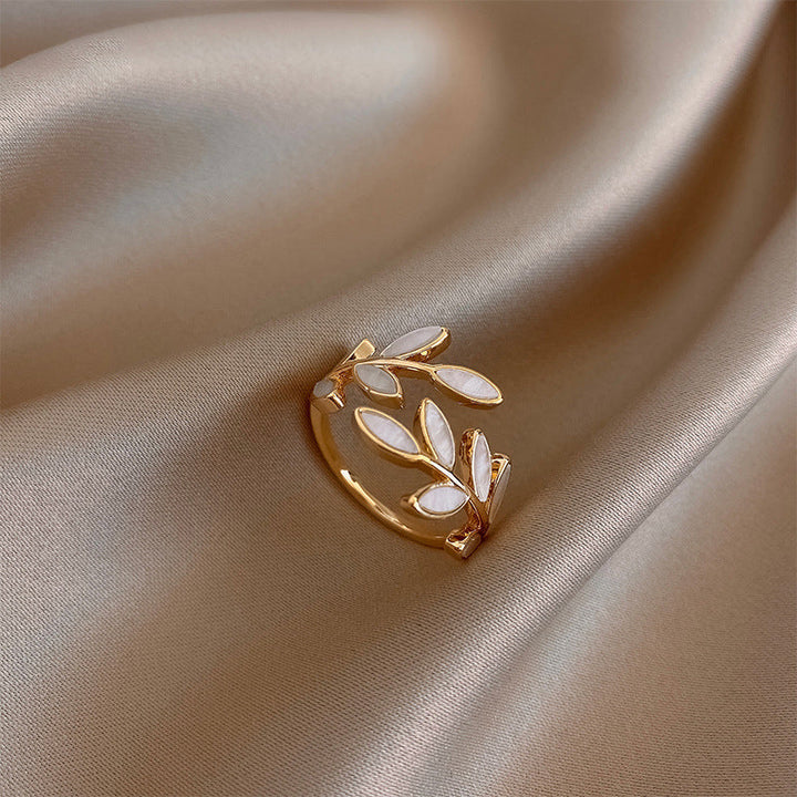 Gold Open Ring Caoimhe with Ivory Leaf Motif