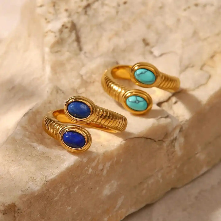 Gold Adjustable Ring with Lapis Lazuli and Turquoise