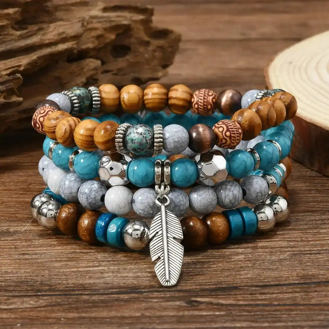 Silver Turquoise Beaded Bracelet Set with Feather Charm