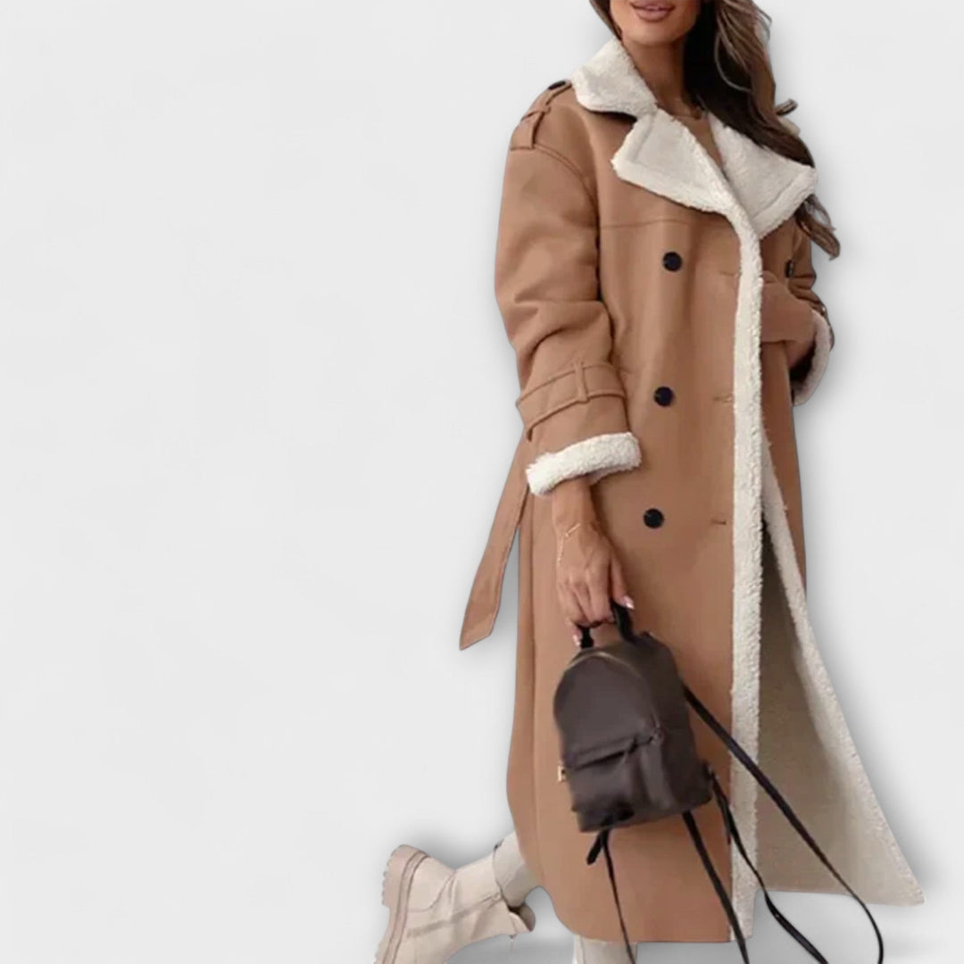 Maria - Schwarze lange klassische Jacke mit Fellfutter