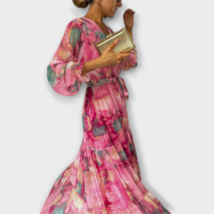Evelyn - Pinkes Maxikleid mit Aquarellmuster