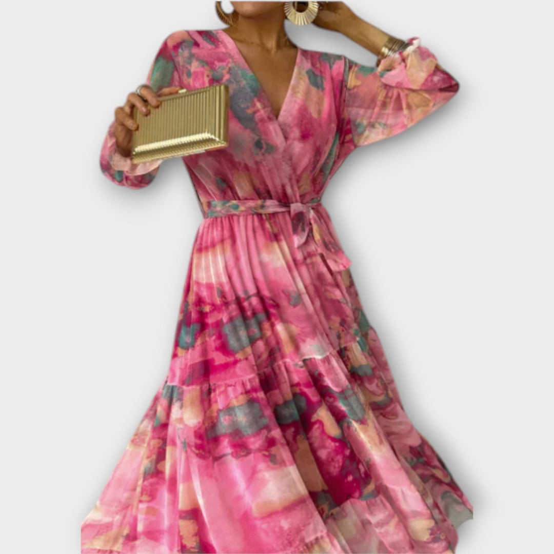 Evelyn - Pinkes Maxikleid mit Aquarellmuster