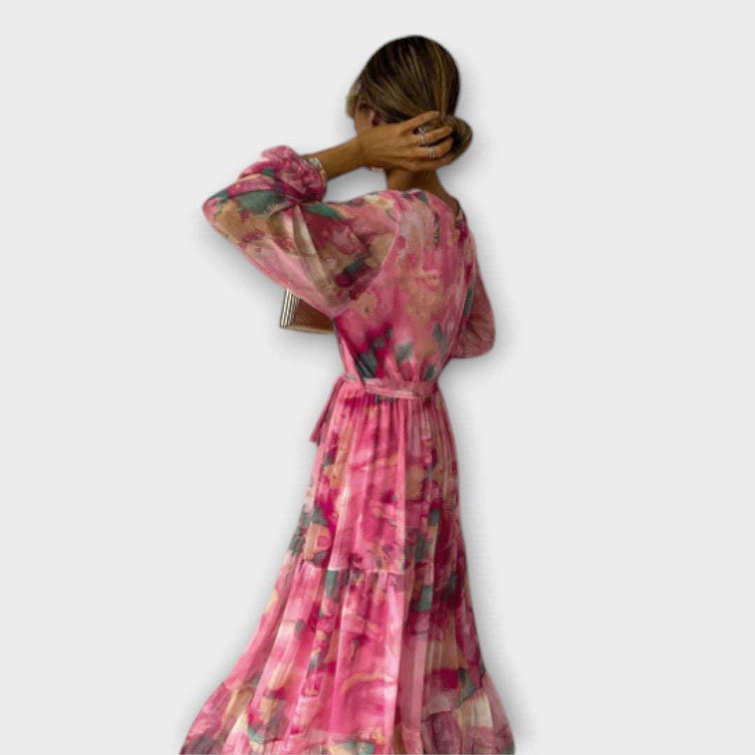 Evelyn - Pinkes Maxikleid mit Aquarellmuster