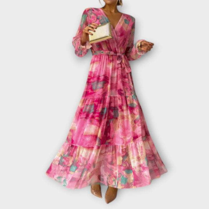 Evelyn - Pinkes Maxikleid mit Aquarellmuster