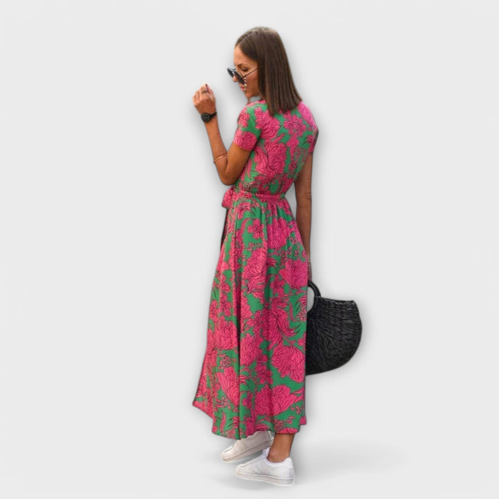 Eshel - Pink-grünes bequemes Kleid mit Blütenmuster
