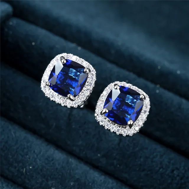Silver Stud Earrings with Sapphire and Crystal Halo