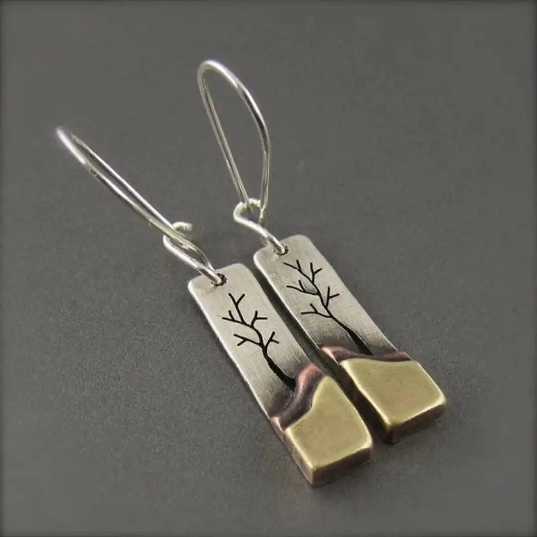 Gold & Silver Drop Earrings Órla with Tree Design