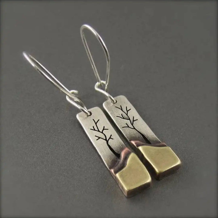 Silver & Gold Drop Earrings Clíona with Tree Motif