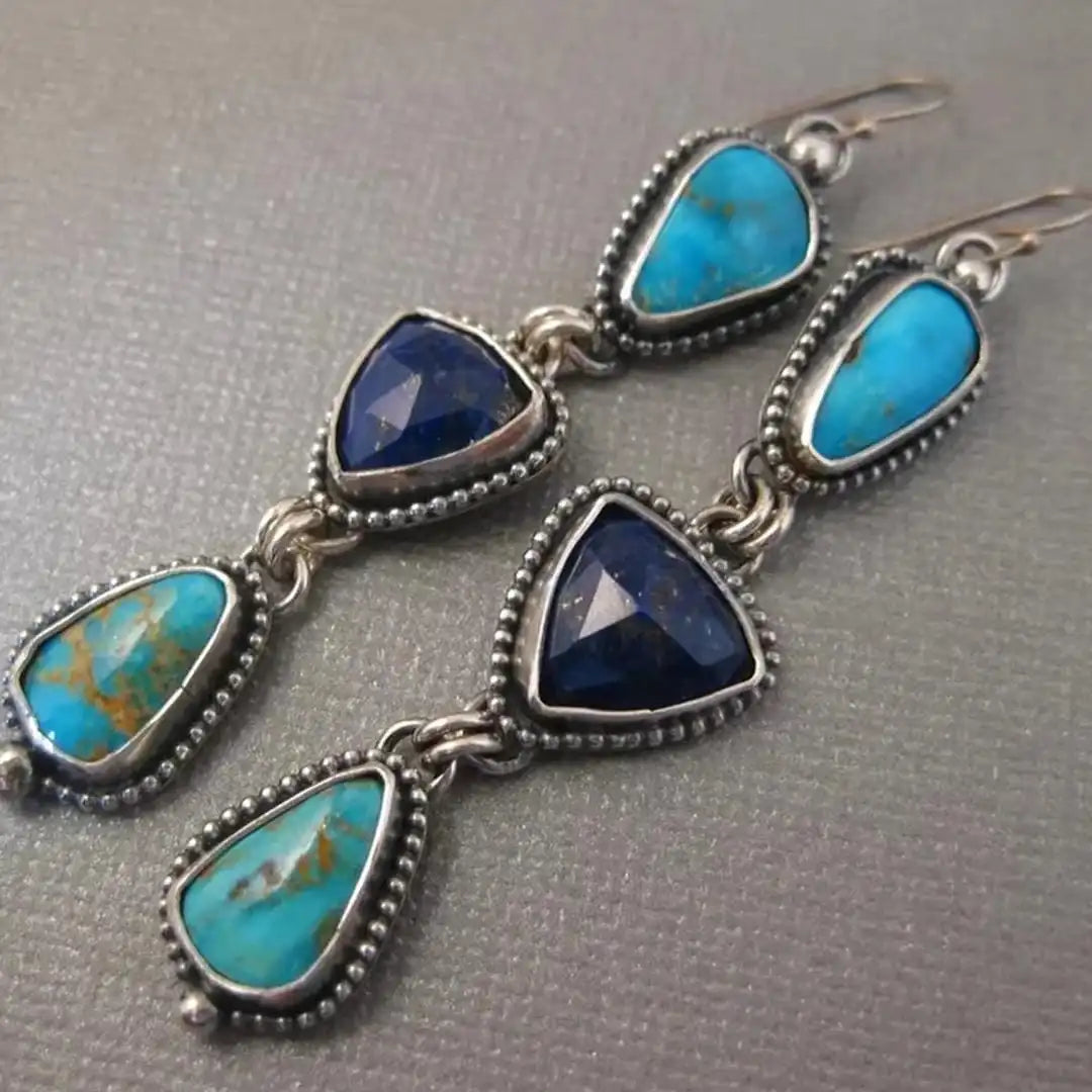 Silver Drop Earrings with Turquoise and Lapis Stones
