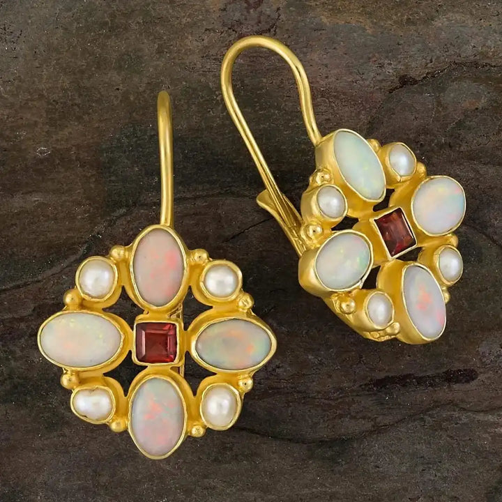 Gold Drop Earrings with Turquoise, Pearls and Garnet