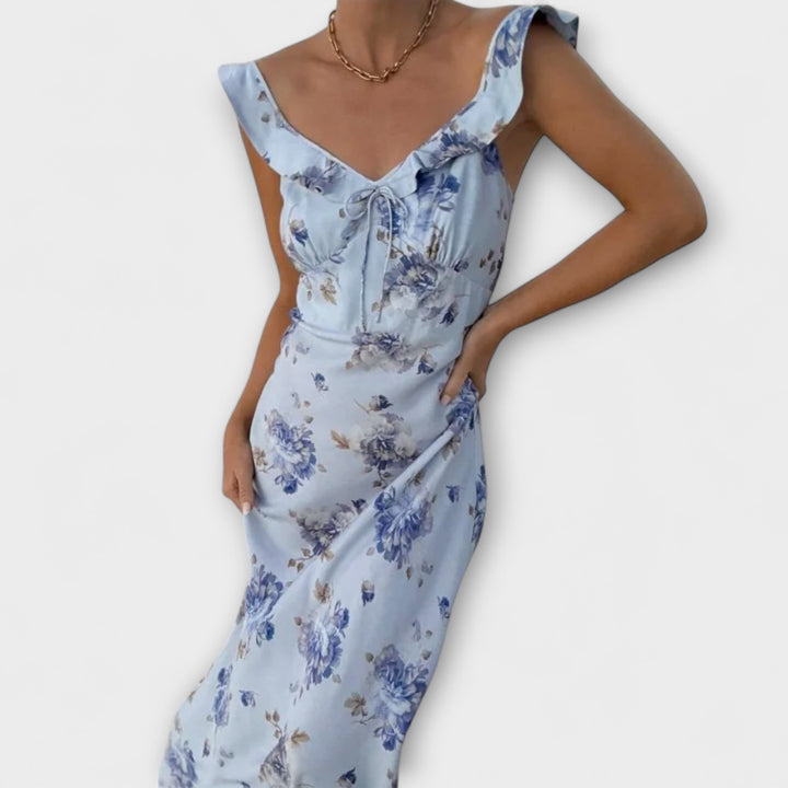 Gelbes Maxikleid mit floralem Druck und V-Ausschnitt