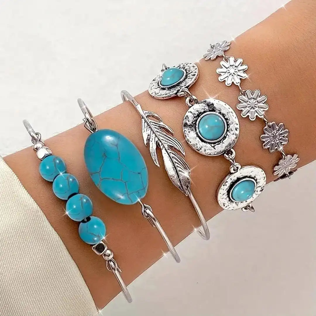 Silver Turquoise Bracelet Set with Flower and Feather Charms