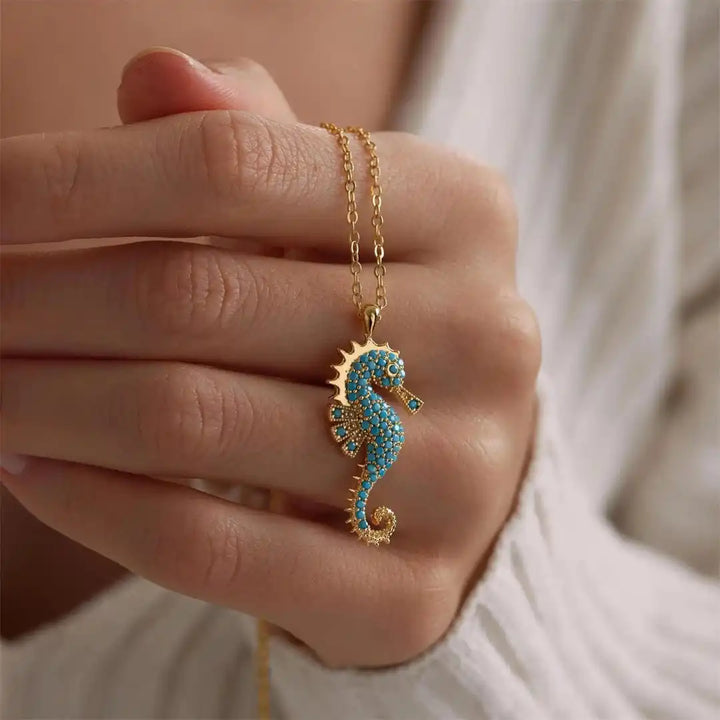 Gold Necklace Clíodhna with Turquoise Seahorse